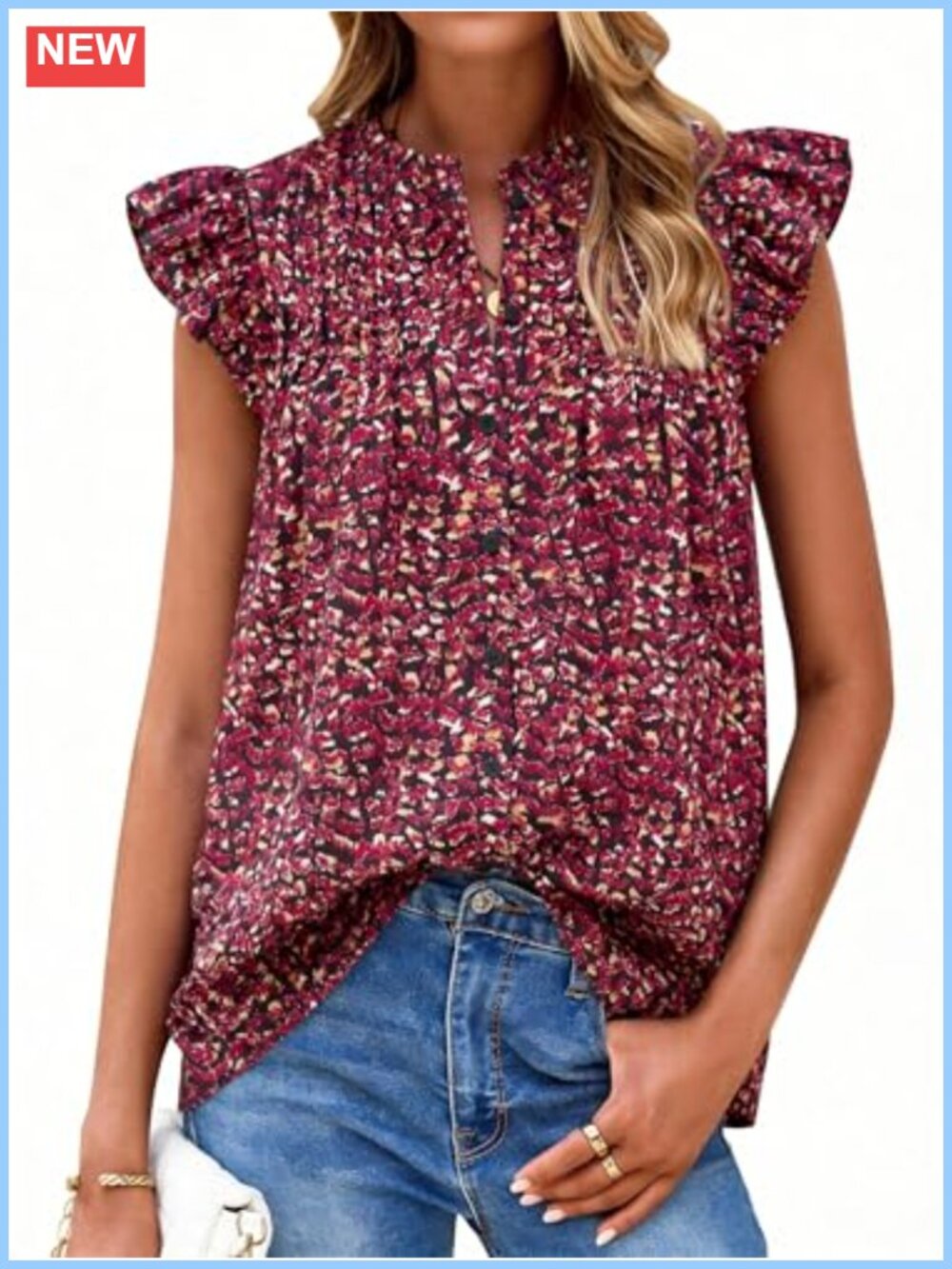 Women Floral Button Down Blouse Ruffle Mock Neck Cap Sleeve Summer Top